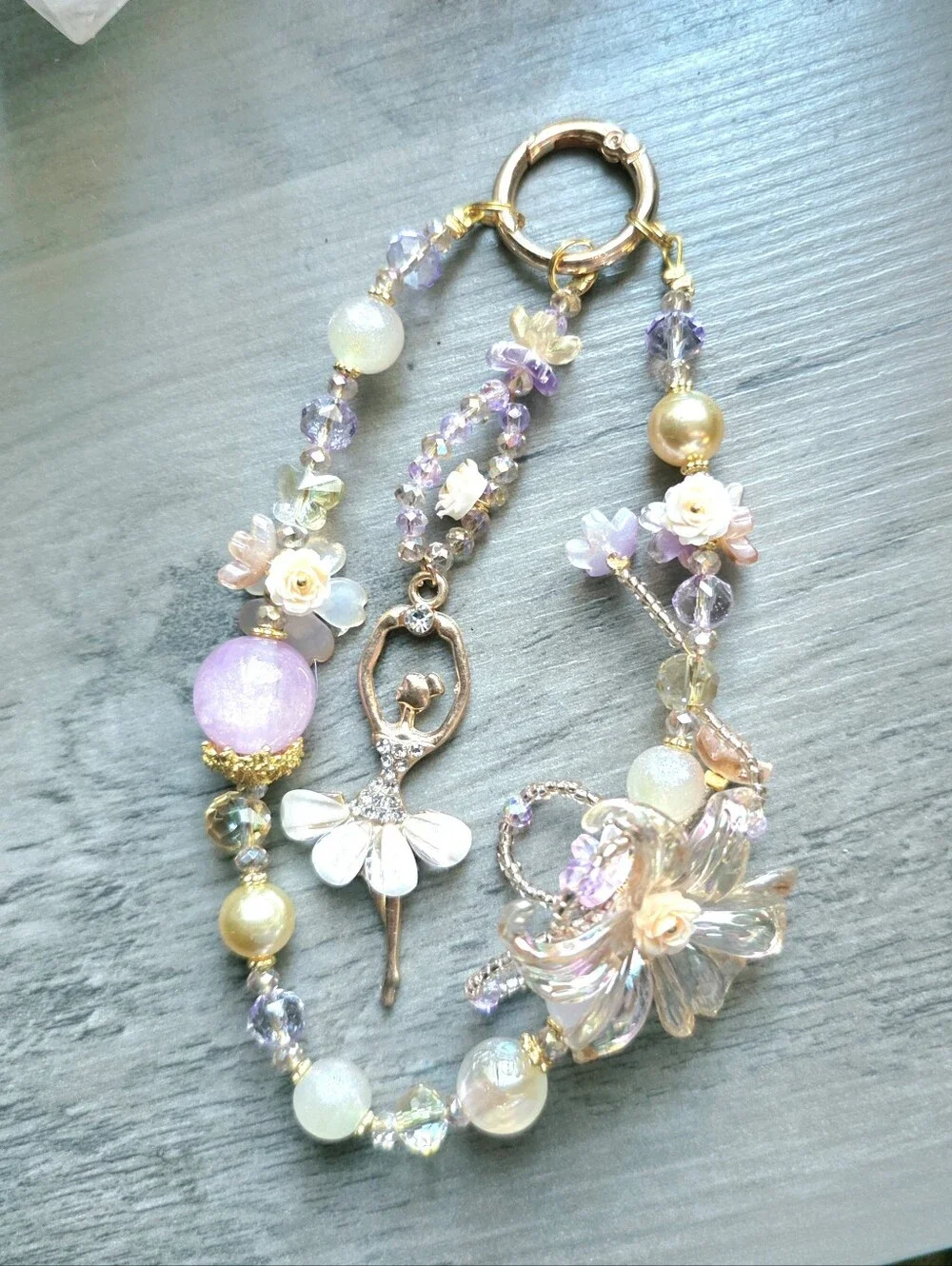 🩰 NWT Handcrafted Phone Charm Pink Ballerina Centered and Glass Crystal Flower